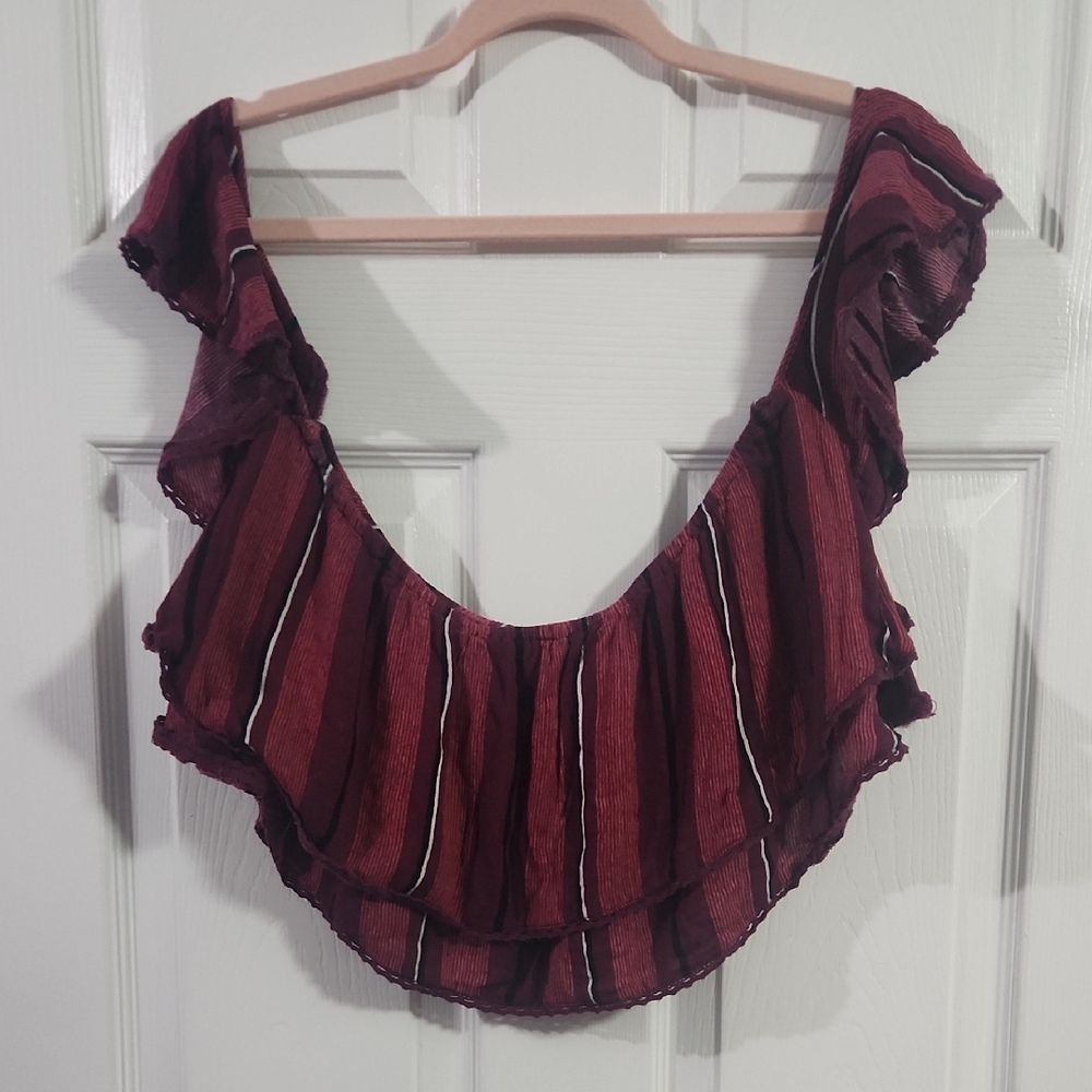 Takara Burgundy Striped Ruffle Off-Shoulder Crop Top
